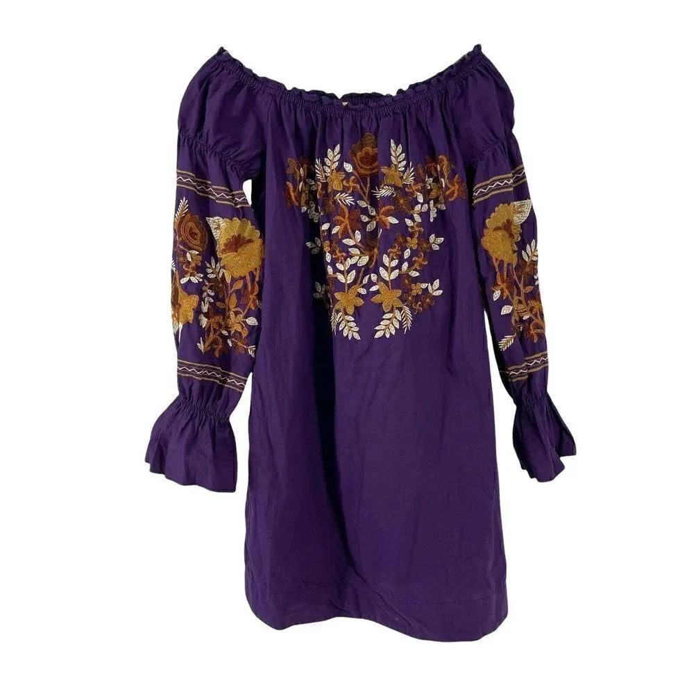 Free People Fleur De Jour Mini Dress Purple Off Shoulder Floral Embroidered XS